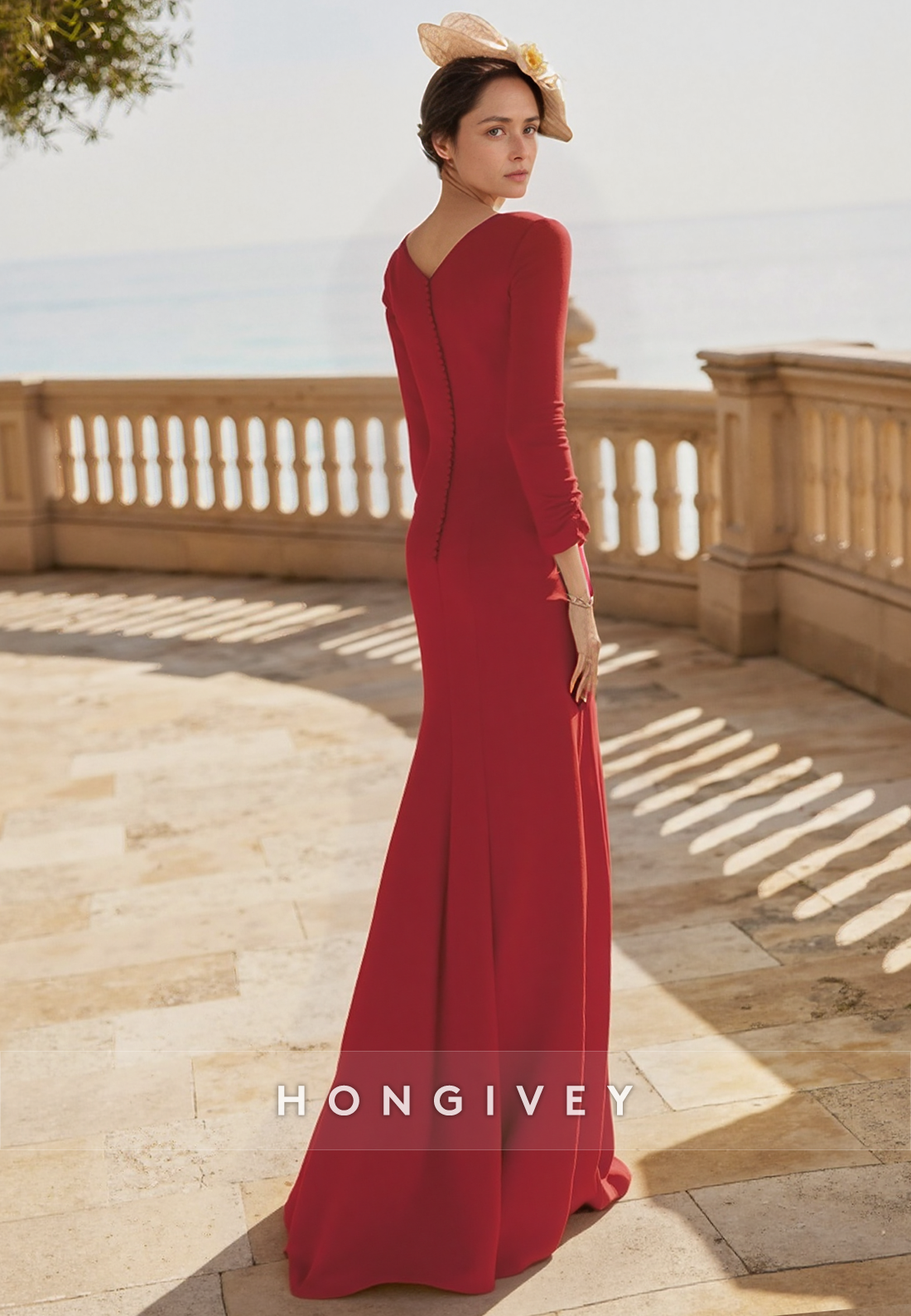 Red Single-Breasted Side Slit V-neck Cap Sleeves V Neck Pleated Sheath Floor-Length Mother of the Bride Dress