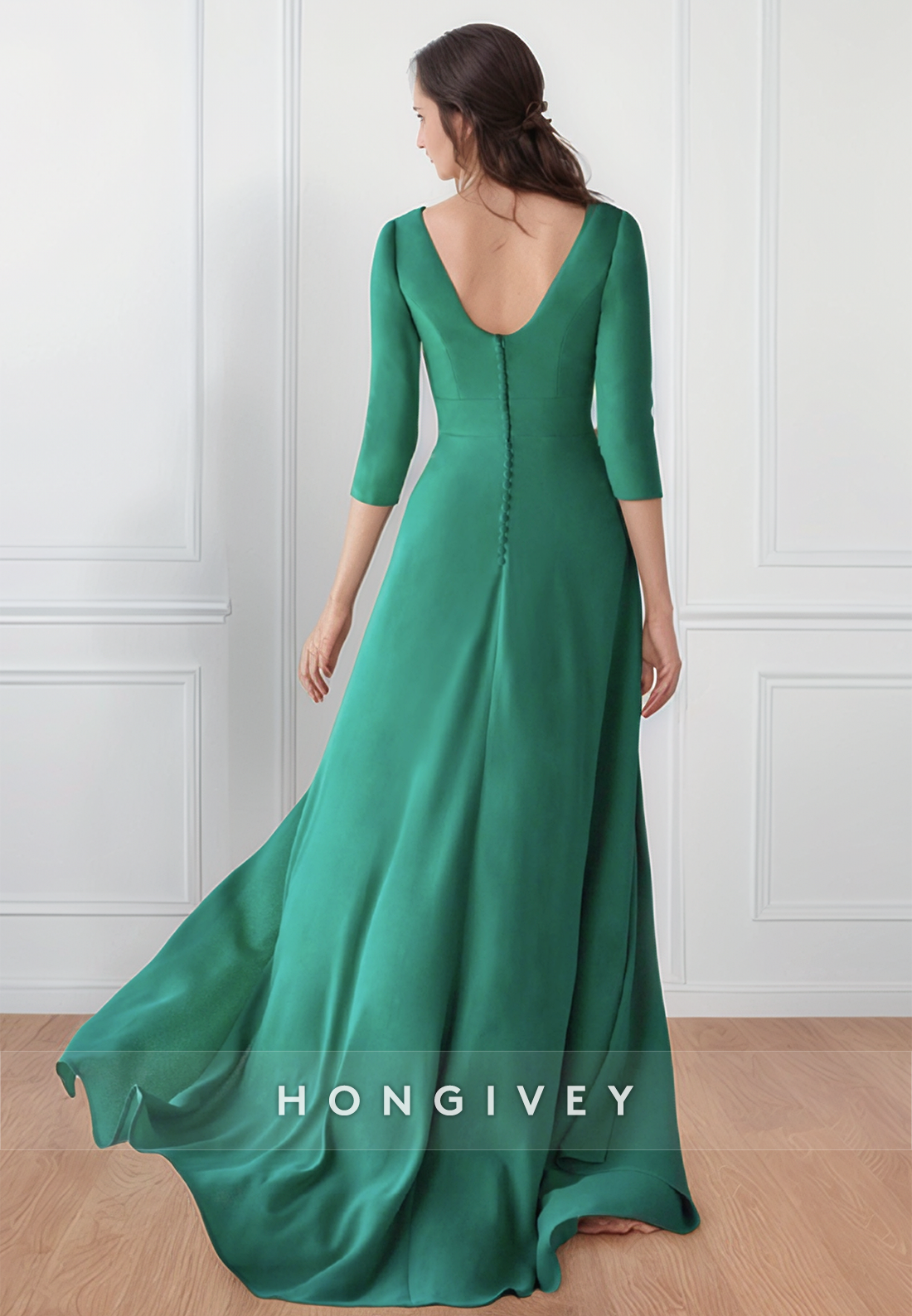 Elegant Sheath Floor-Length Satin 3/4 Sleeve Pleated V Back Mother of the Bride Dress