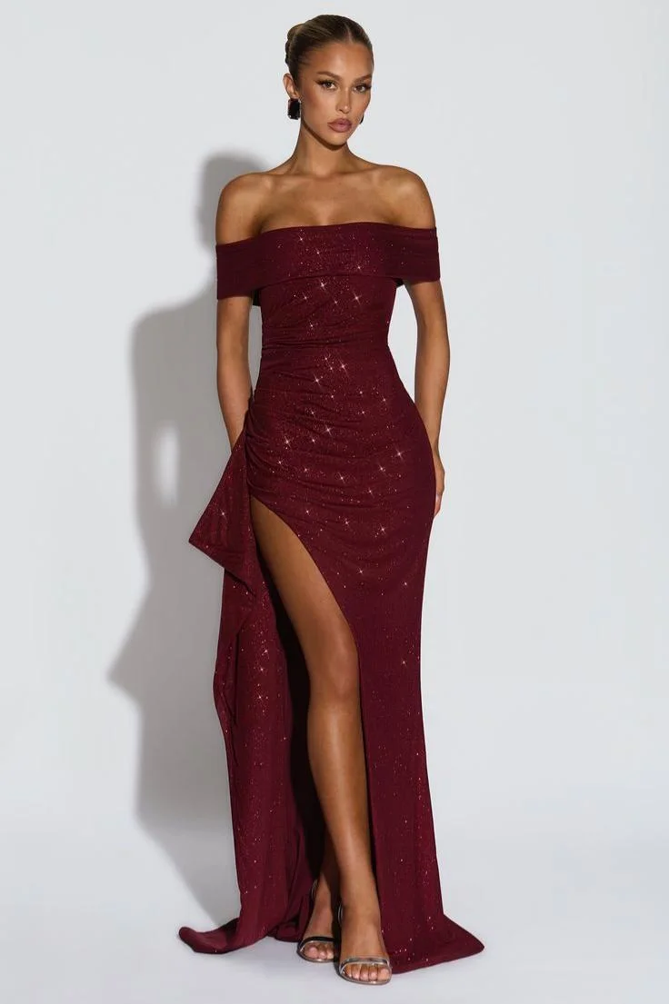 Off-The-Shoulder Sleeveless High Waist Long Prom Dress With Sequins And Split