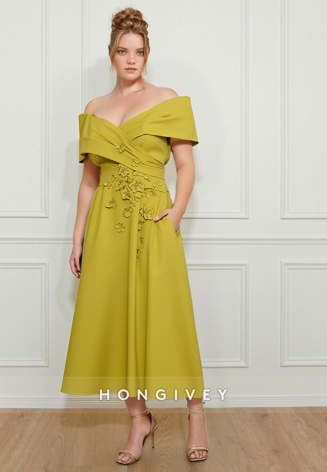 Butterfly Sheath Off the Shoulder Tea-Length Cocktail Dress Shawl Pleated Mother of the Bride Dress