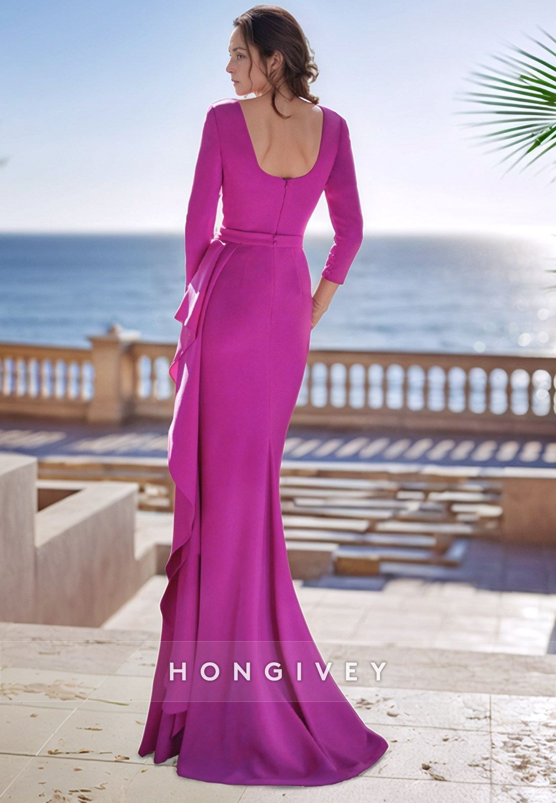 Orchid Sheath Floor-Length V Neck Satin 3/4 Sleeve V Back Pleated Mother of the Bride Dress