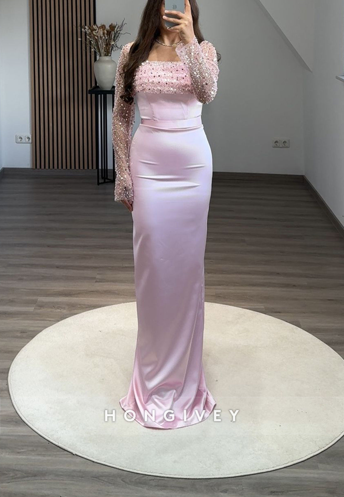 Formal Long Sleeve Sheath Floor-Length Square Appliqued Pleated Evening Gown