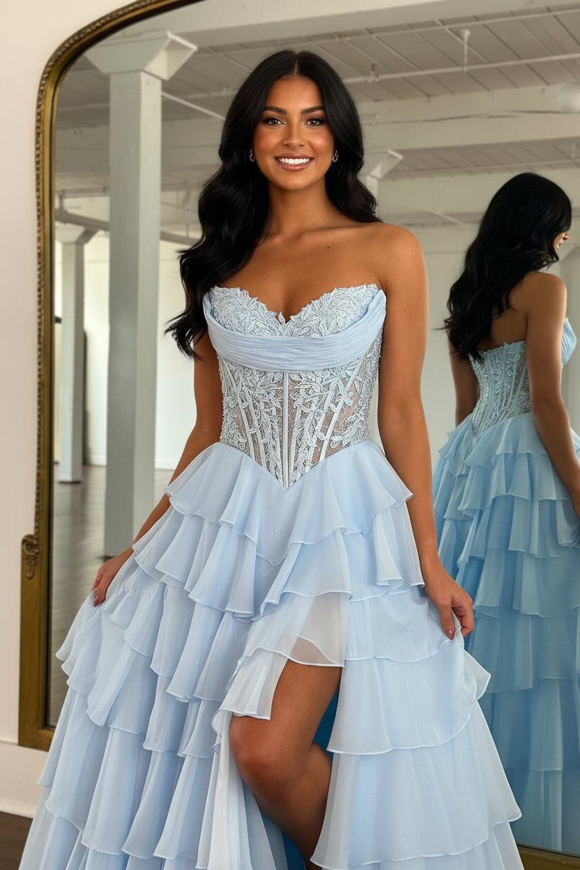 Women's A Line Chiffon Ruffled Long Prom Dresses Sweetheart Corset Party Gowns with Slit