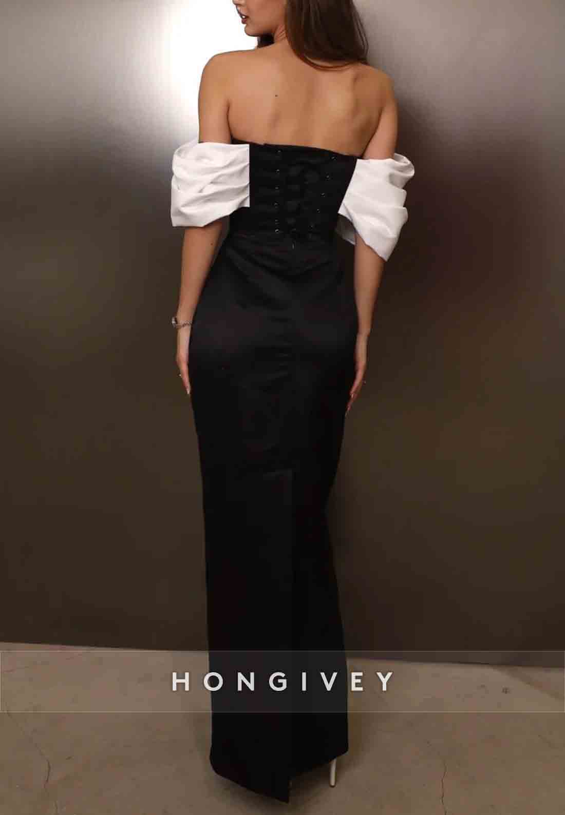 Low Back Off the Shoulder Satin Floor-Length Sheath Pleated Evening Gown