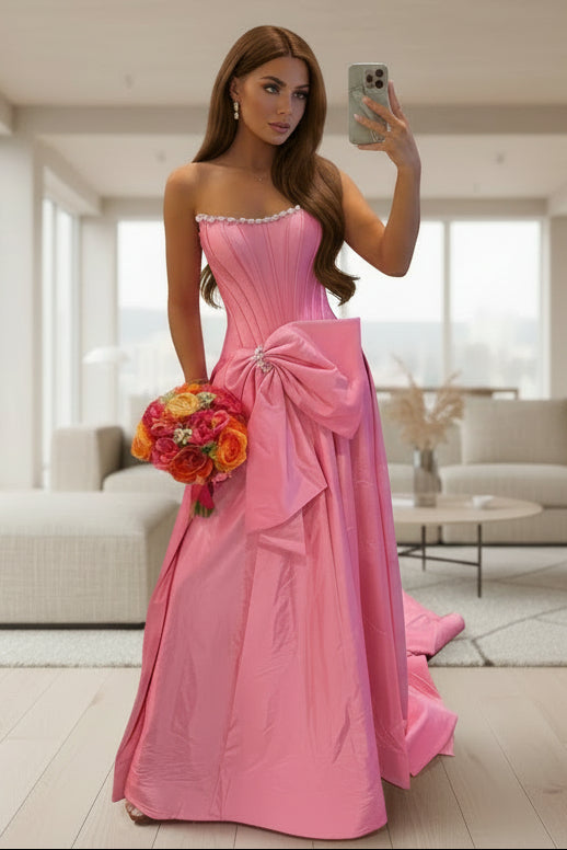 Women's Satin Corset Beaded Prom Dresses Long A Line Formal Party Gowns with Bowknot