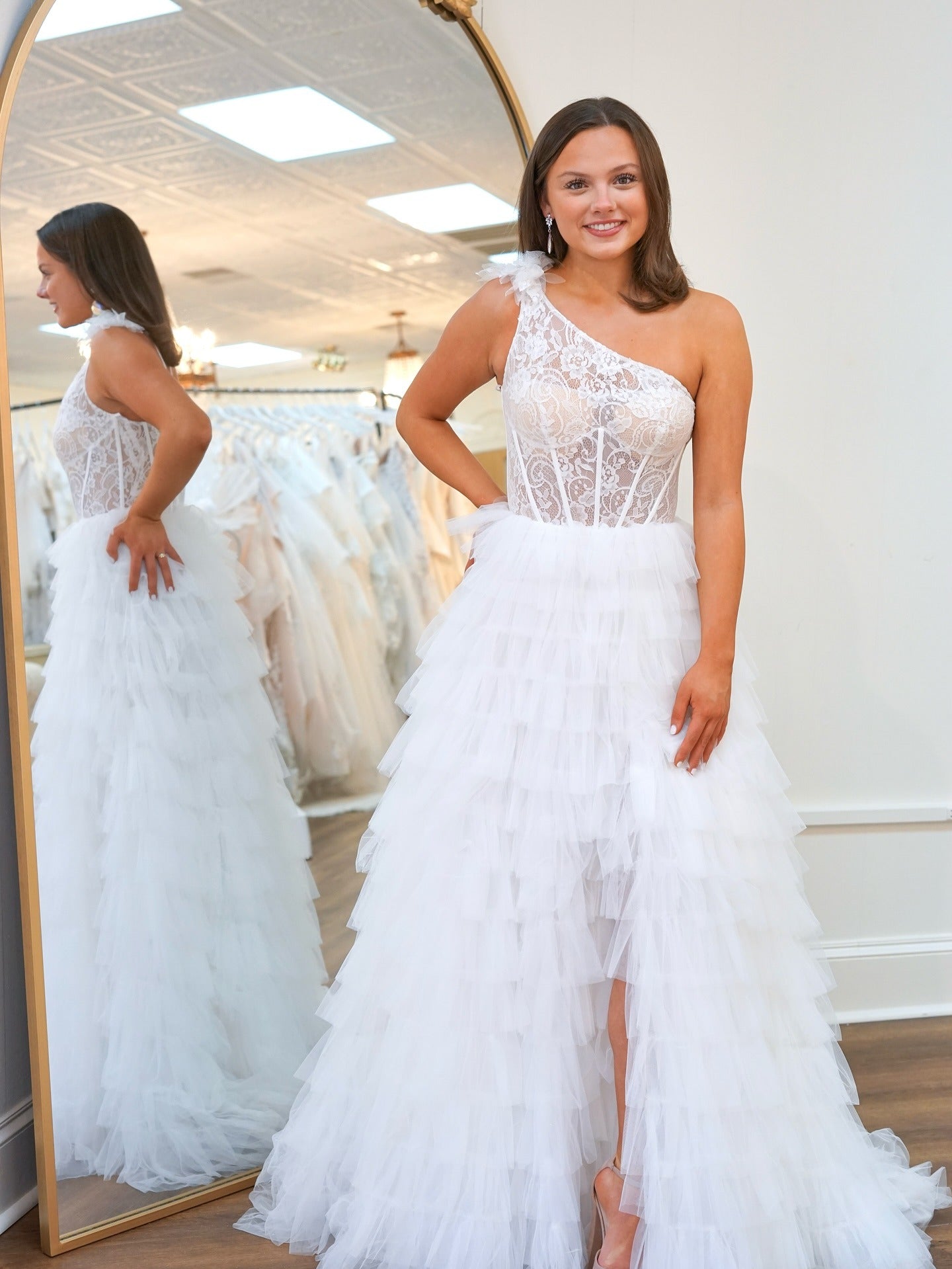 Women's One Shoulder Tulle Ruffled Prom Dresses Corset Lace Prom Dress