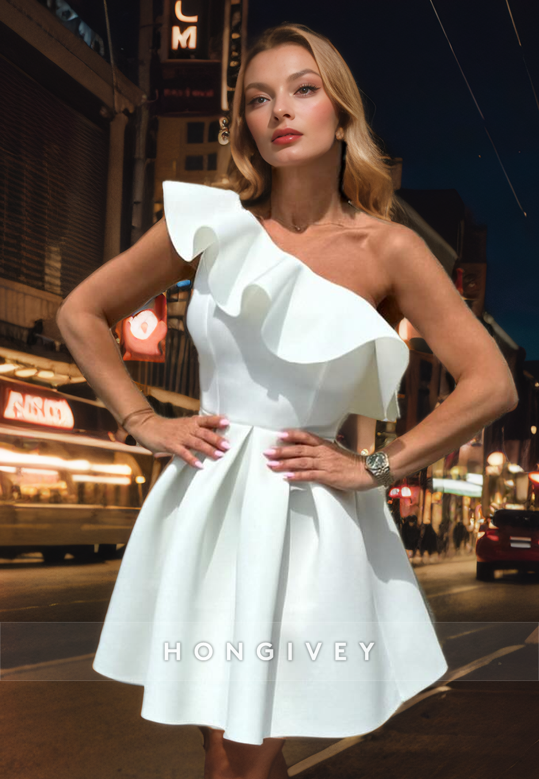 Satin A-Line One Shoulder Ruffled Short Homecoming Dress Satin A-Line One Shoulder Ruffled Short Homecoming Dress