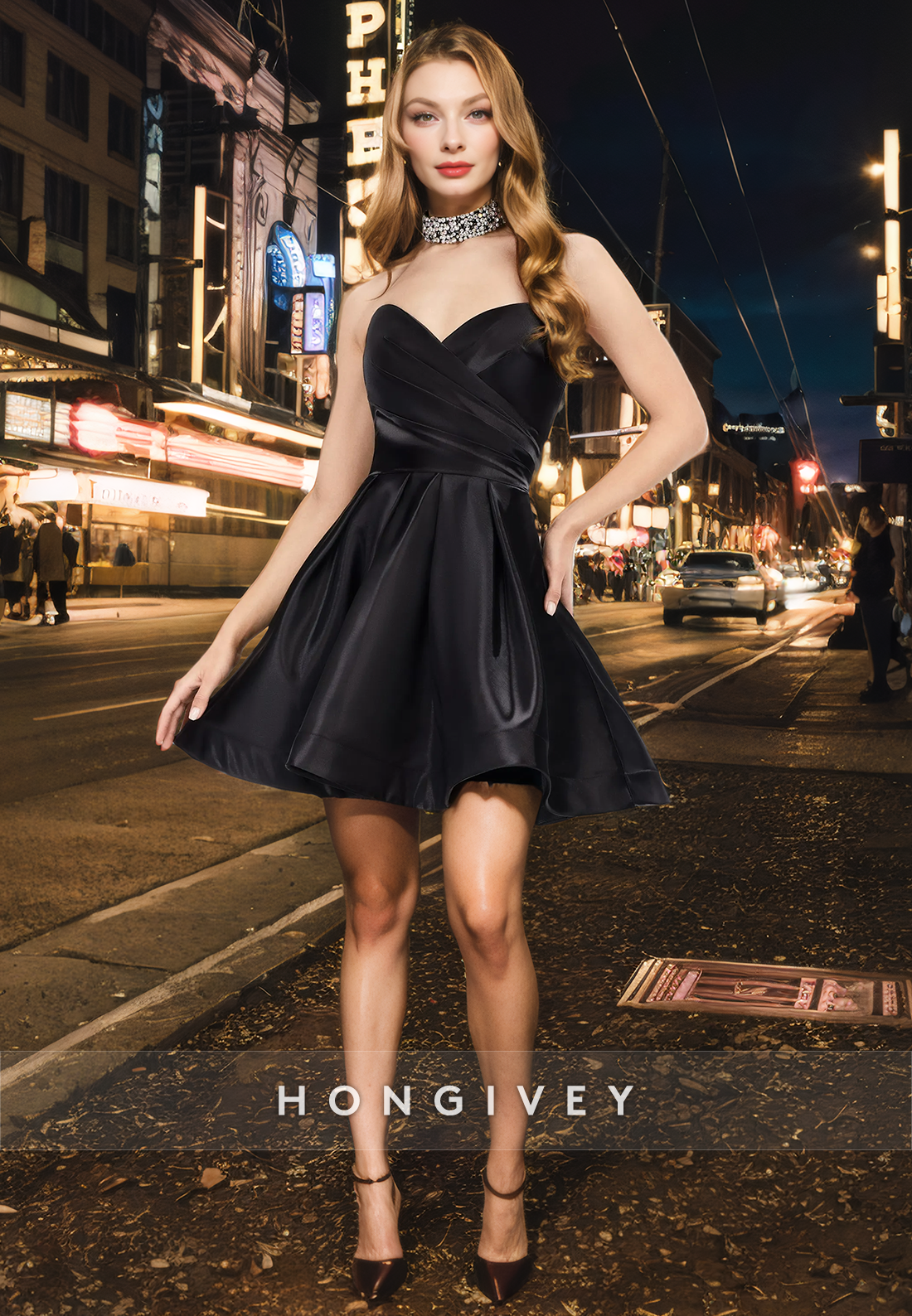 satin a-line V-Neck Strapless Ruched Short Homecoming Dress