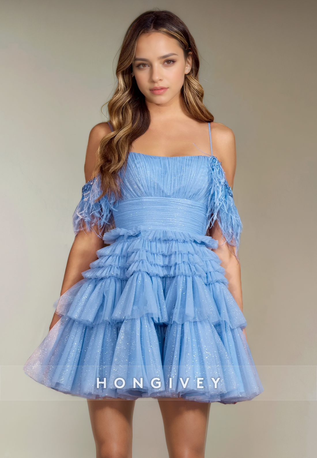 Glitter Tulle A-Line Square Off-Shoulder Tiered Short Homecoming Dress Glitter Tulle A-Line Square Off-Shoulder Tiered Short Homecoming Dress