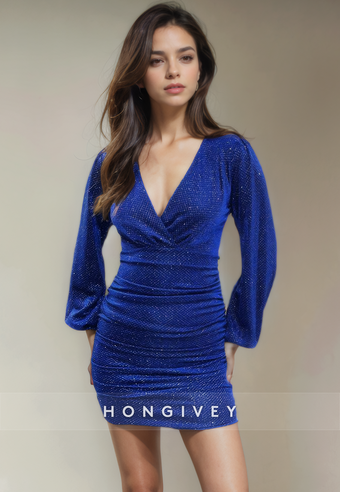Fitted Long Sleeve V-Neck Short Party Homecoming Dress Fitted Long Sleeve V-Neck Short Party Homecoming Dress