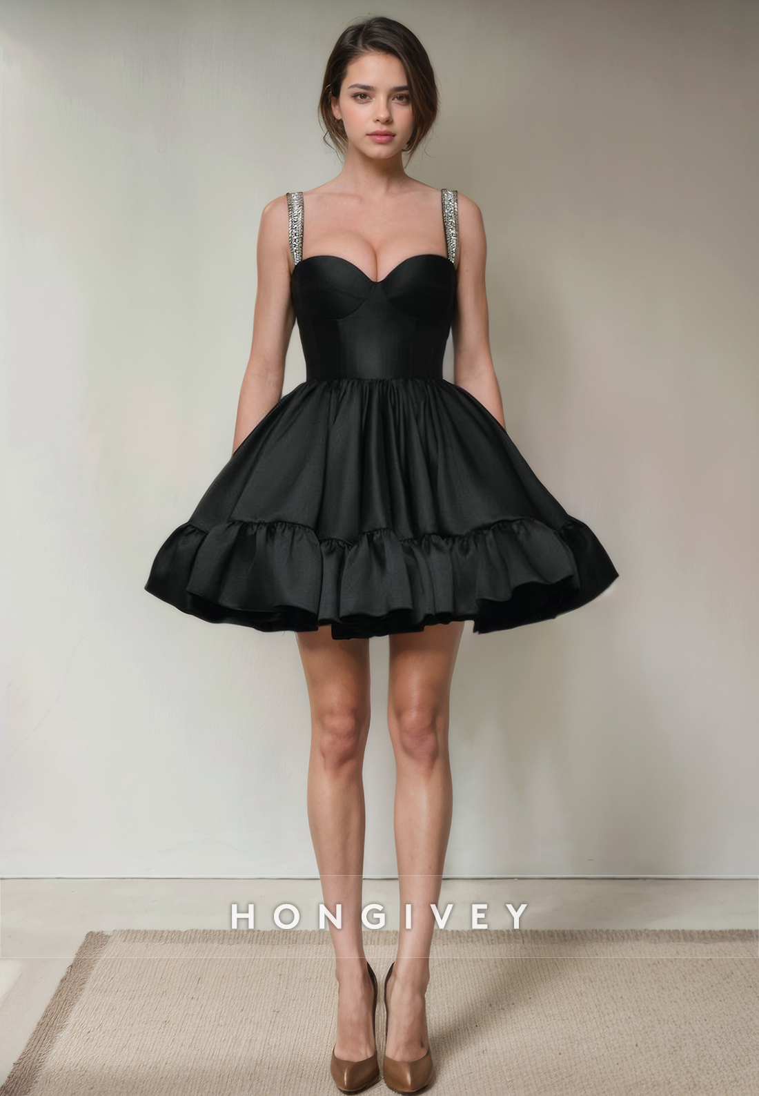 Satin A-Line Sweetheart Beaded Spaghetti Straps Short Party Homecoming Dress