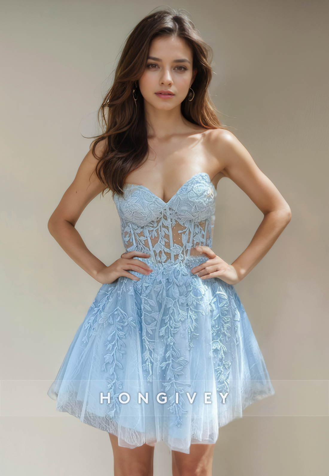 Sheer Tulle A-Line Sweetheart Lace Applique Short Party Homecoming Dre Sheer Tulle A-Line Sweetheart Lace Applique Short Party Homecoming Dre