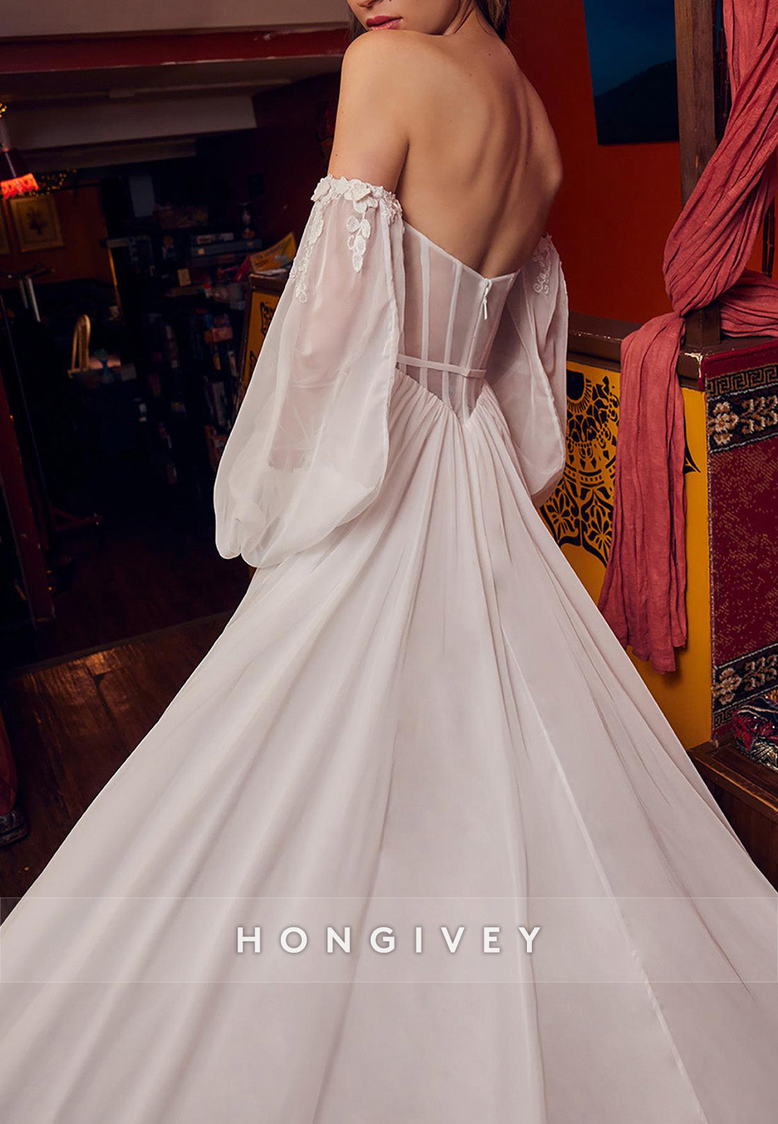 Low Back Pleated Flowers Appliques Lace Off the Shoulder Sweetheart Chapel Train A-line Wedding Dress