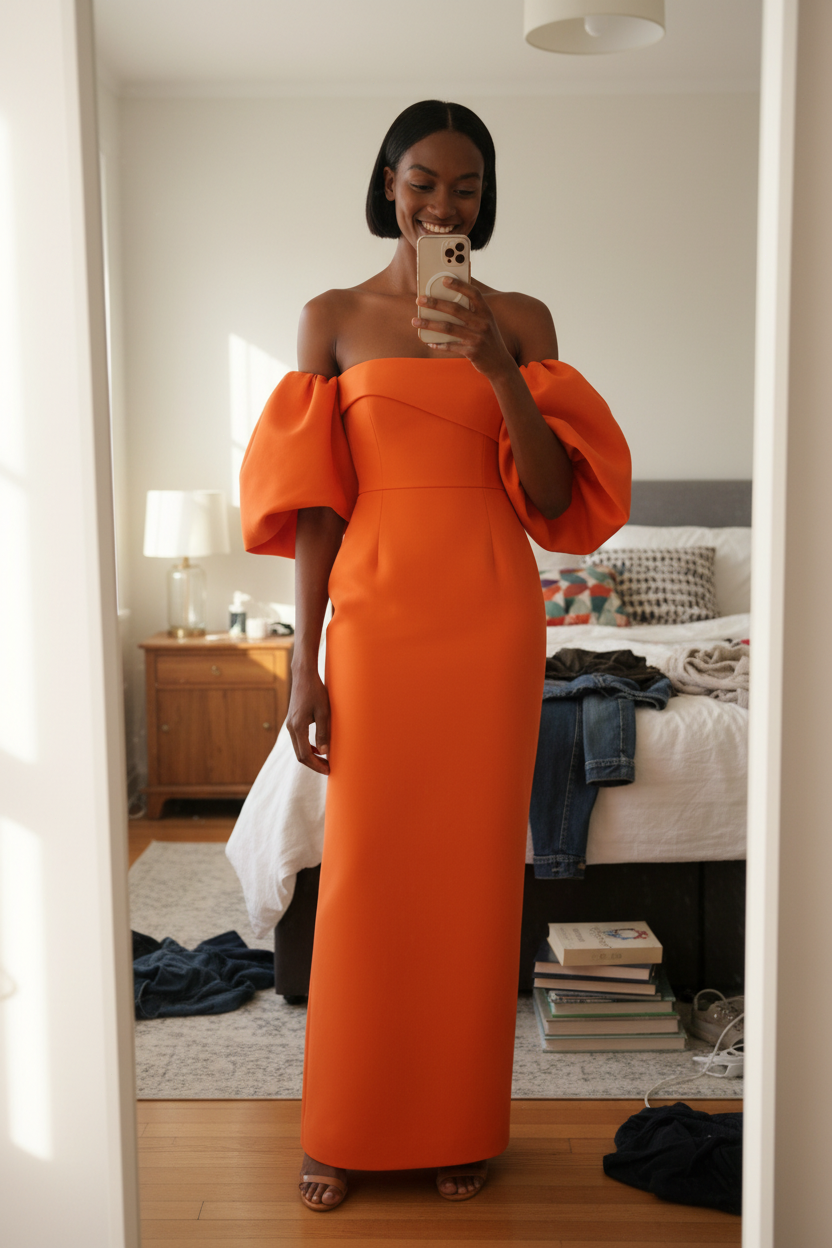 Off the Shoulder Satin Half Sleeves Column Ankle-Length Evening Gown