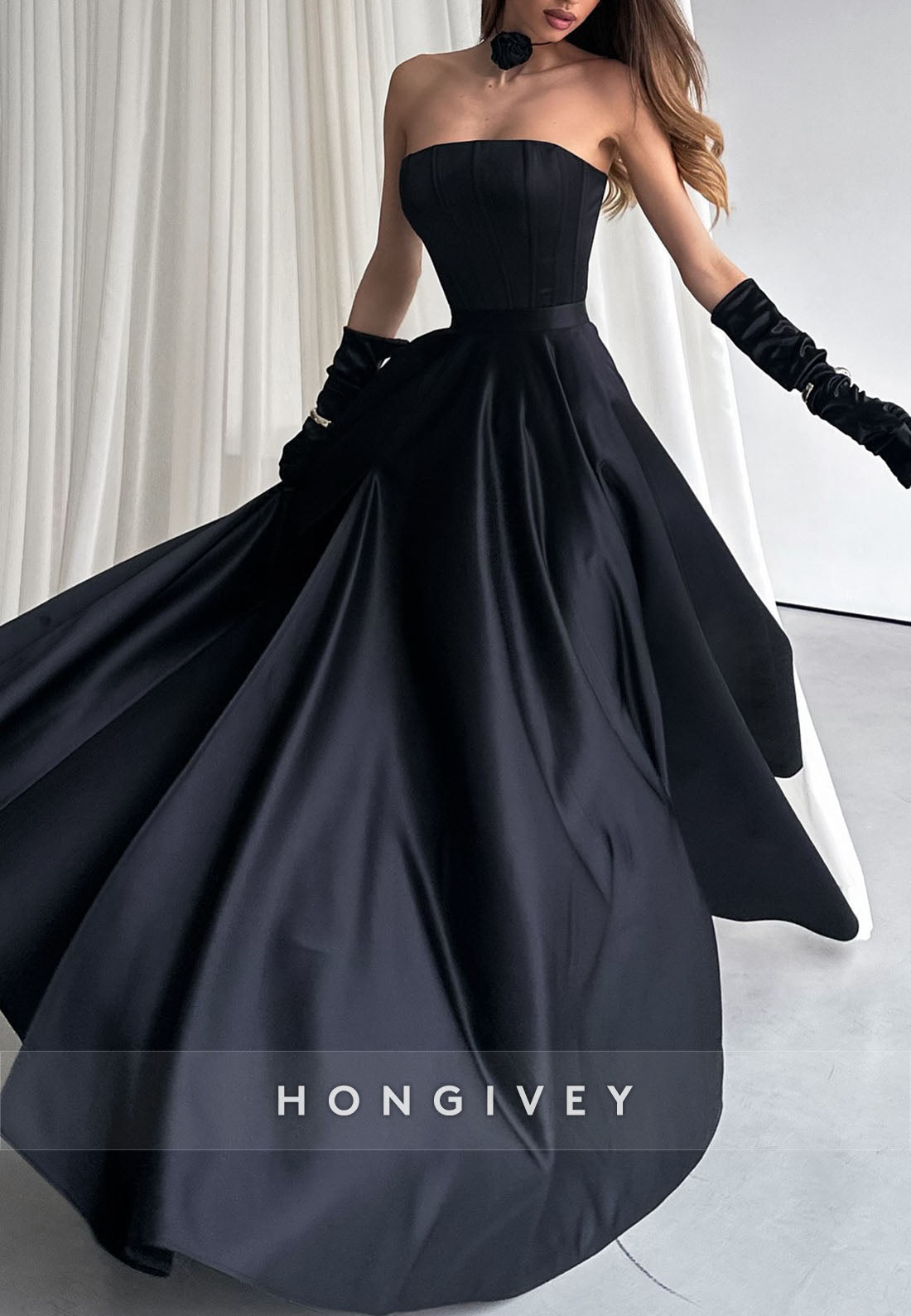 Floor-Length High Slit A-line Off the Shoulder Satin Pleated Evening Gown