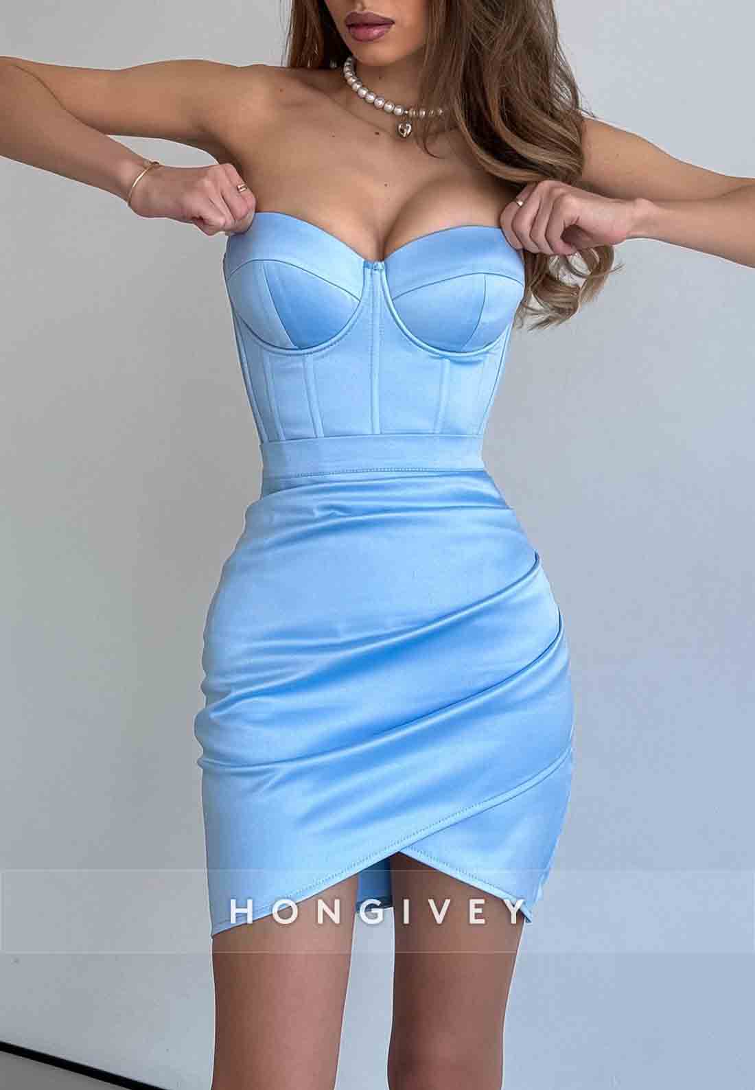 Sleeveless Strapless Pleated Sheath Sheath Crisscross Back Mini Homecoming Dresses