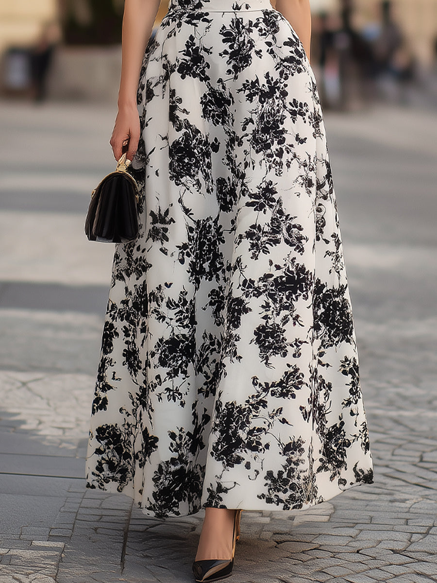 Black Puff Sleeve Bodice Black Floral Print Maxi Dress
