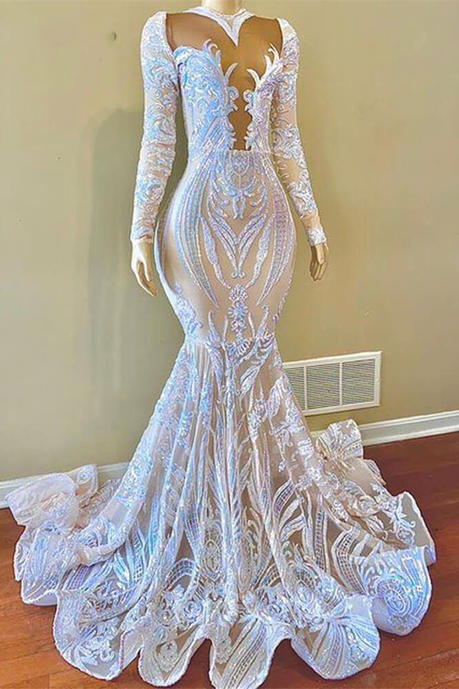 Sequins Lace White Mermaid Long Prom Dress Embroidery With Long Sleeve Sequins Lace White Mermaid Long Prom Dress Embroidery With Long Sleeve