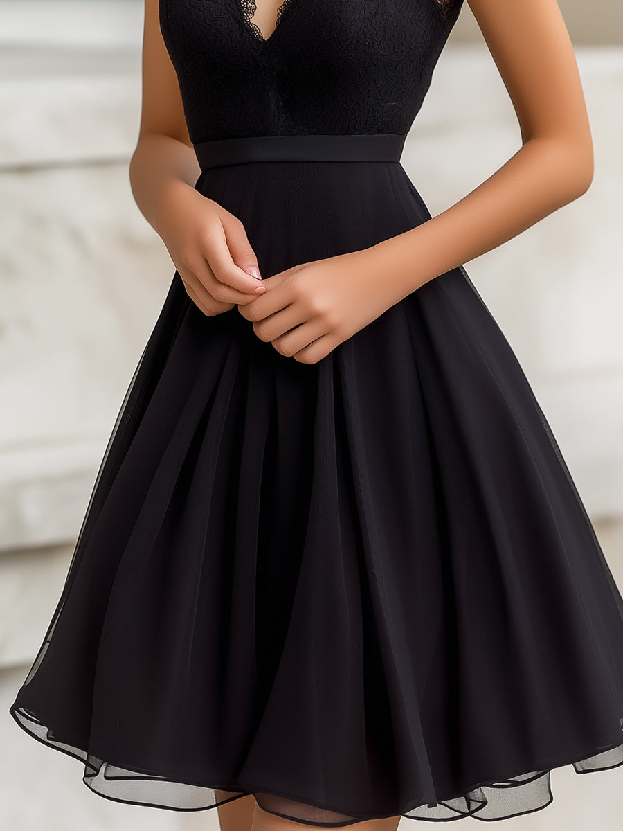 Scalloped Lace V-Neck Sleeveless Fit-and-Flare Mini Dress