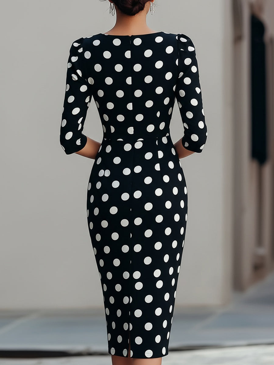 BlackWhite Polka Dot Midi Sheath Dress