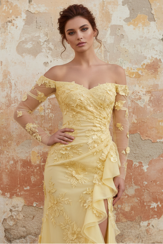Yellow Sheath Off the Shoulder Floral Embroidery Tulle Long Prom Dress with Ruffled Slit