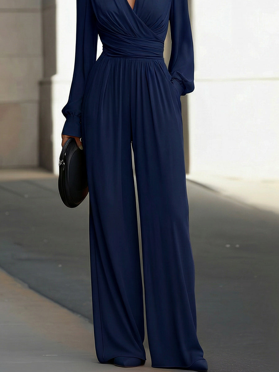 Draped V-Neck Long-Sleeve Wide-Leg Jumpsuit