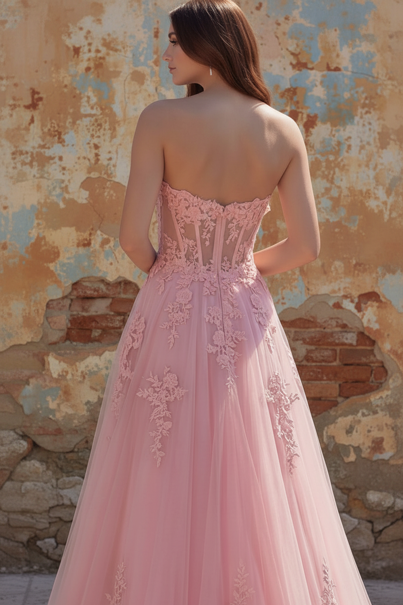 Sweetheart Pink Corset A-Line Long Prom Dress with Appliques