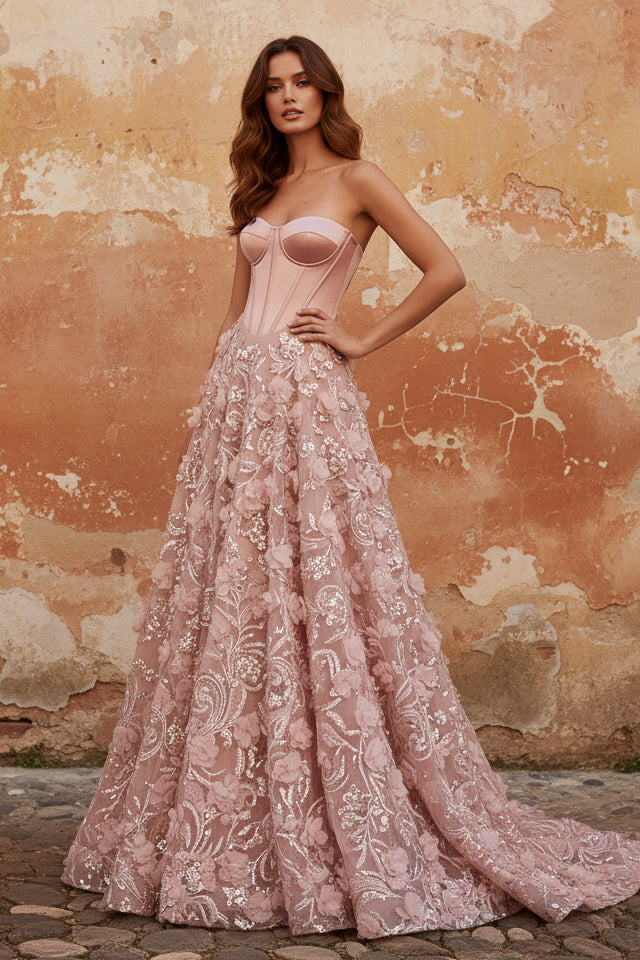 Blush A-Line Strapless Corset Sequins Appliqued Long Prom Dress with 3D Flowers