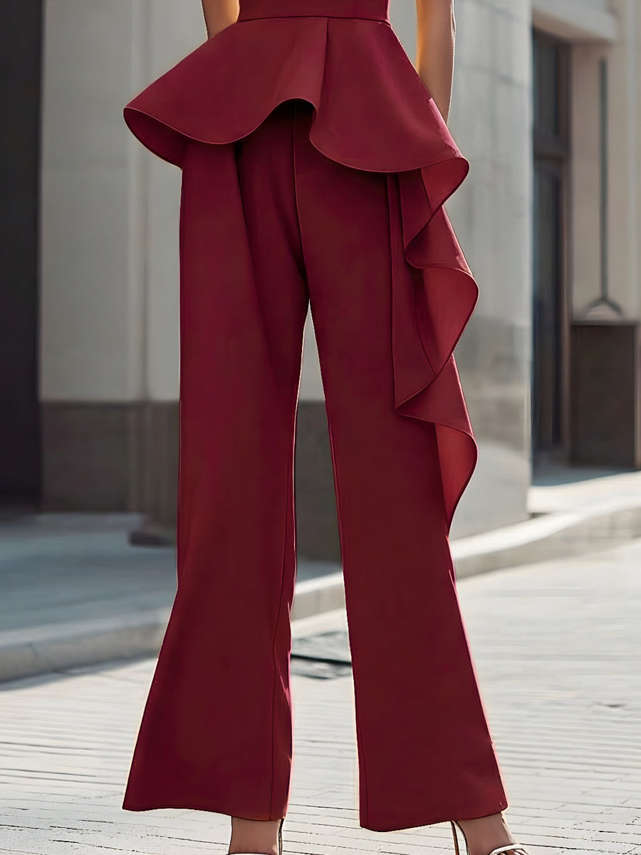 Strapless Sculpted Peplum Wide-Leg Jumpsuit