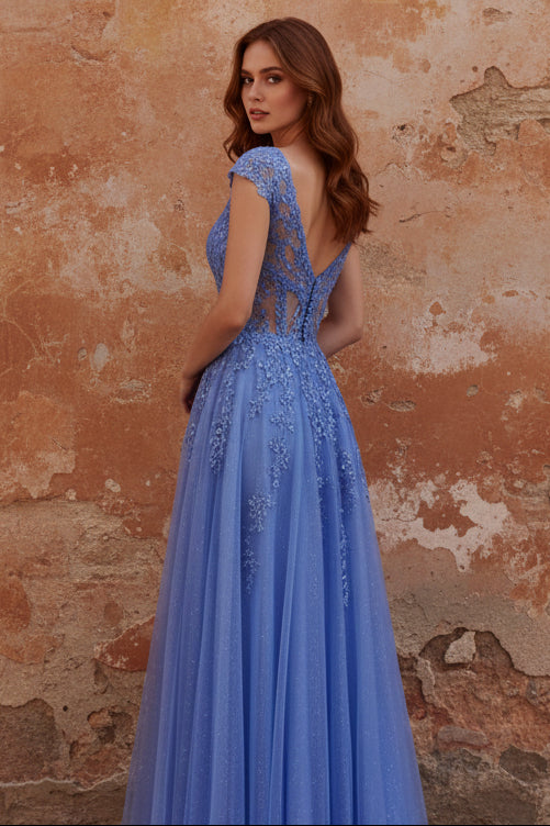 Dark Blue A-Line V-Neck Corset Long Prom Dress with Appliques