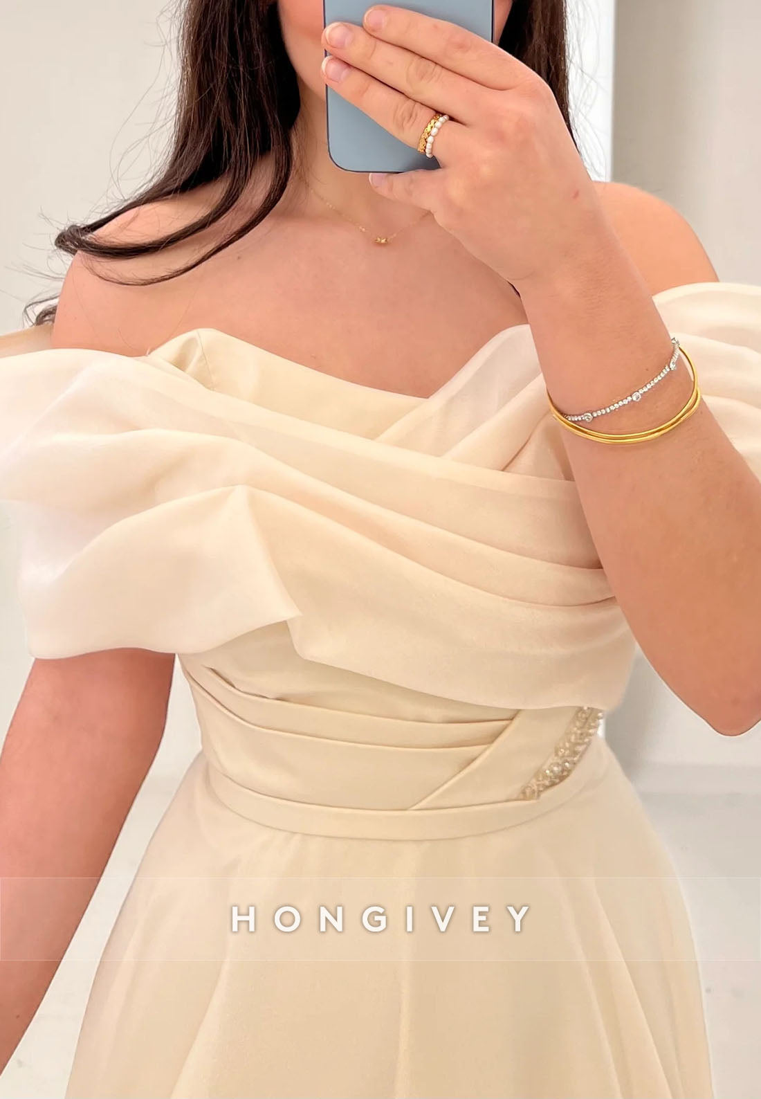 A-line Sweep Train Evening Gown Off the Shoulder Pleated Formal Dresses