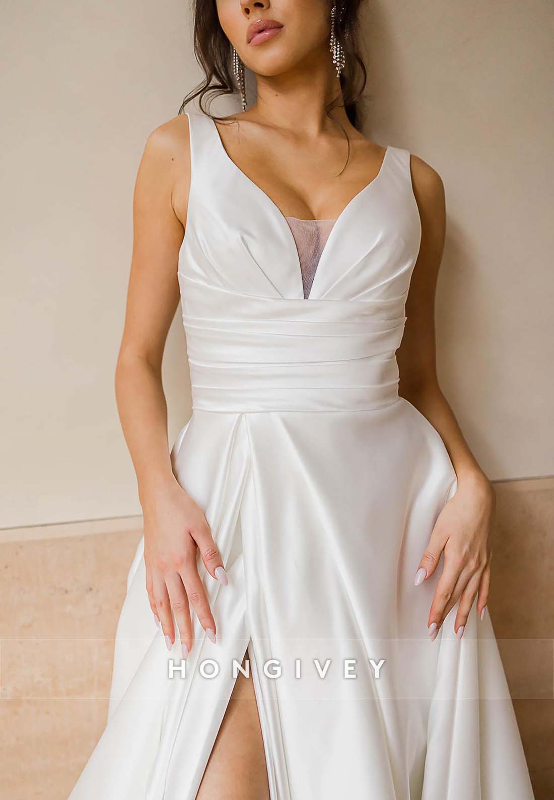 Satin V Neck Side Slit Chapel Train A-line Sleeveless V Back Pleated Wedding Dresses