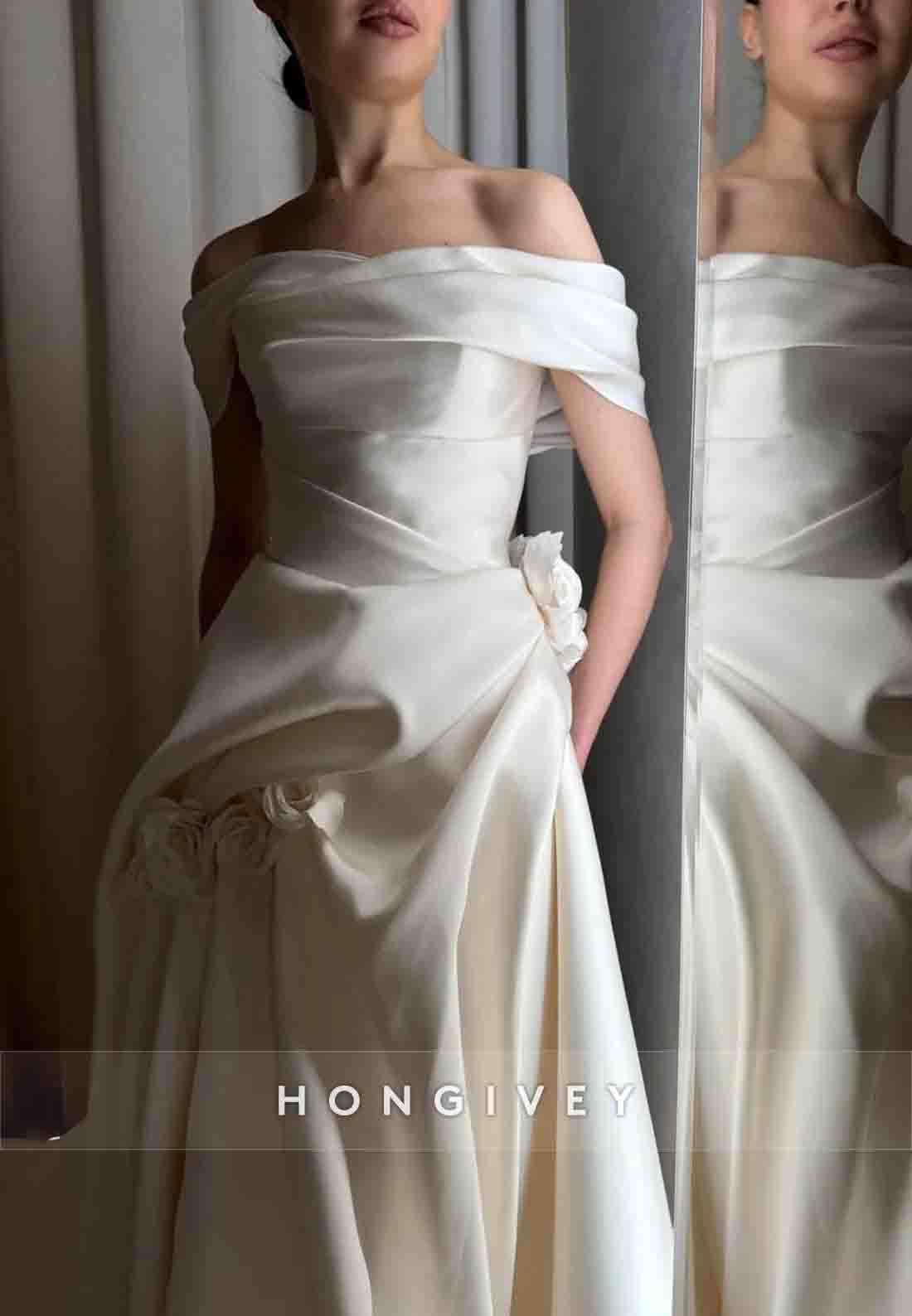 Flowers Chapel Train A-line Off the Shoulder Pleated Wedding Dresses