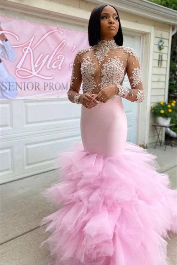 Hidais Pink Tulle High Neck Long Sleeves Mermaid Prom Dress With Lace Appliques