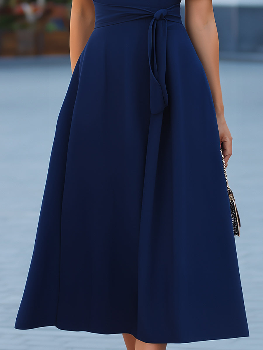 Navy Blue High Neck Tie Short Sleeve Belted Fit-and-Flare Midi Dress