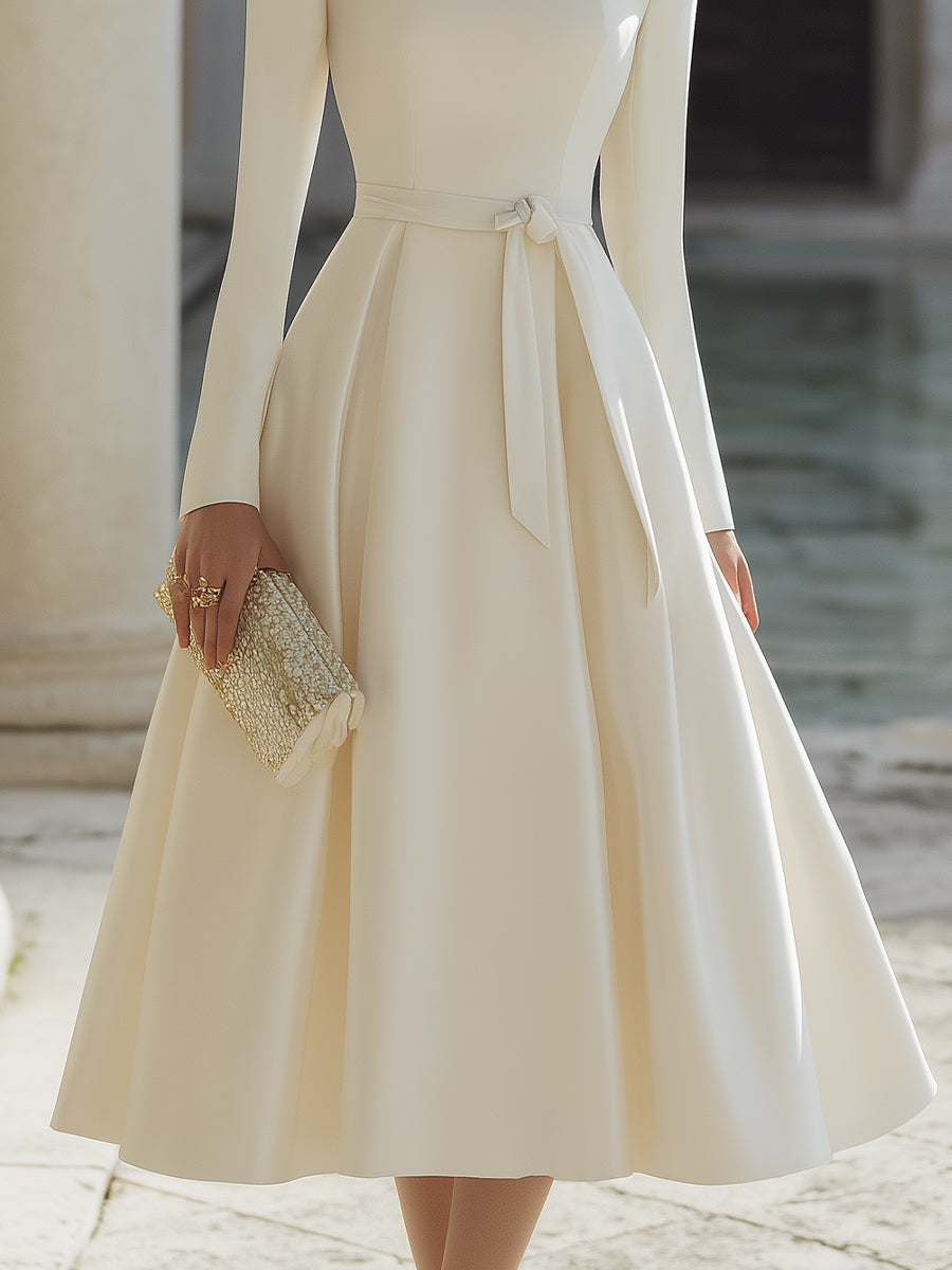 Ivory Bow Belted Midi Evening Dress With Wide Collar
