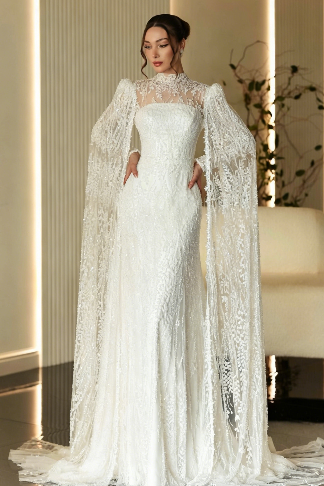 High Neck Long Sleeve Lace Bridal Gown with Cape