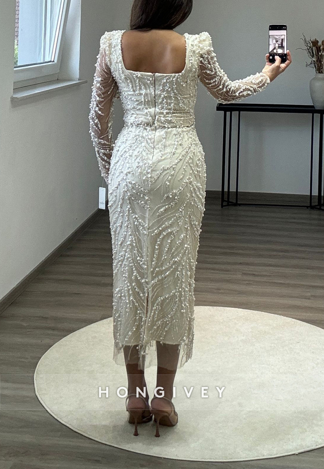 Tea-Length Square Beading Long Sleeve Formal Dresses