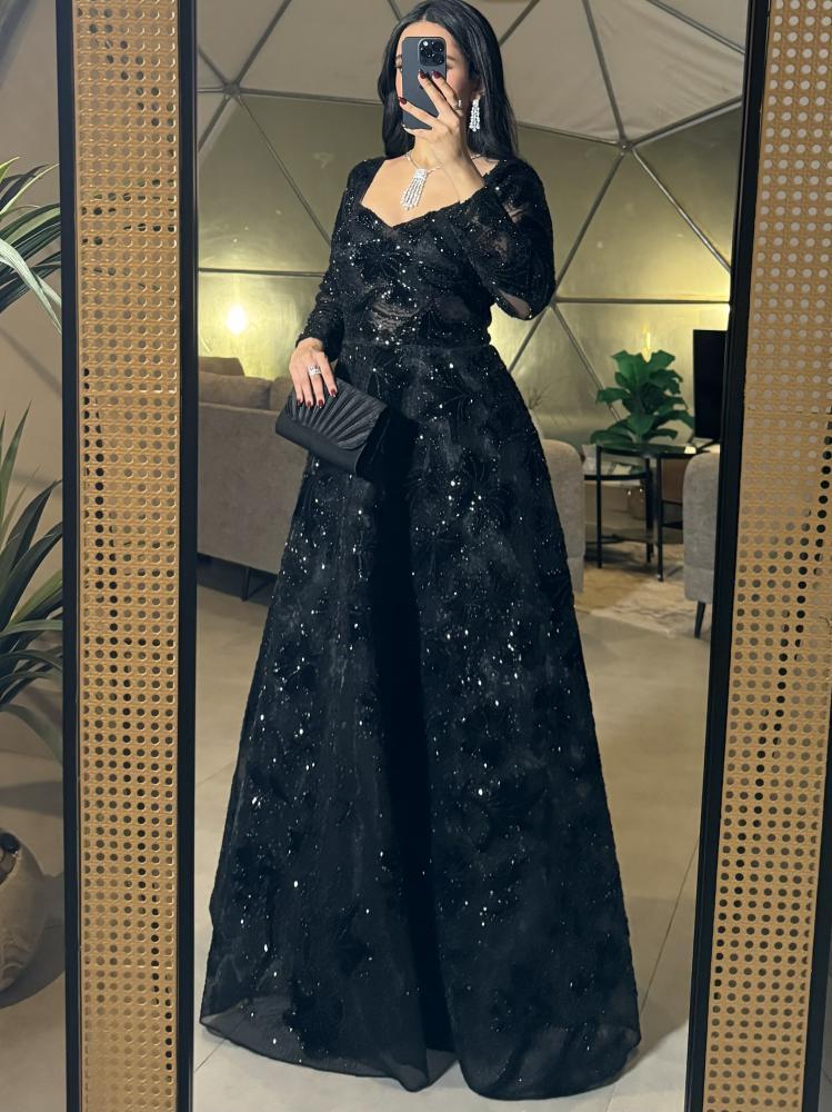 Black Square Neck Beaded Sequins Sparkle Long Sleeve A-Line Evening Dress