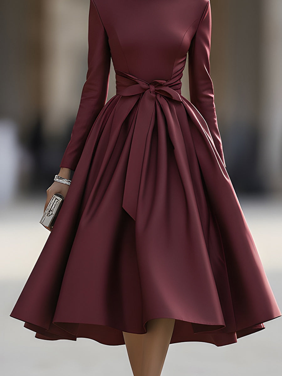 Burgundy High Neck Bow Detail Evening Dress