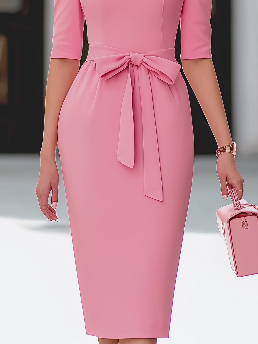 Pink Square-Neck Belted Midi Sheath Dress