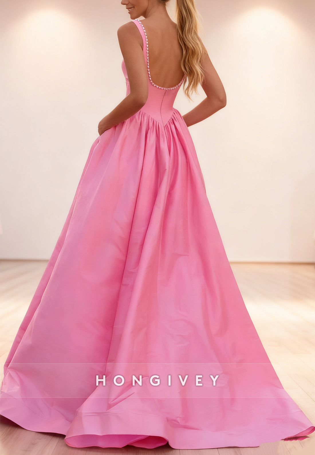 Simple Pink A-Line Slit Prom Dress