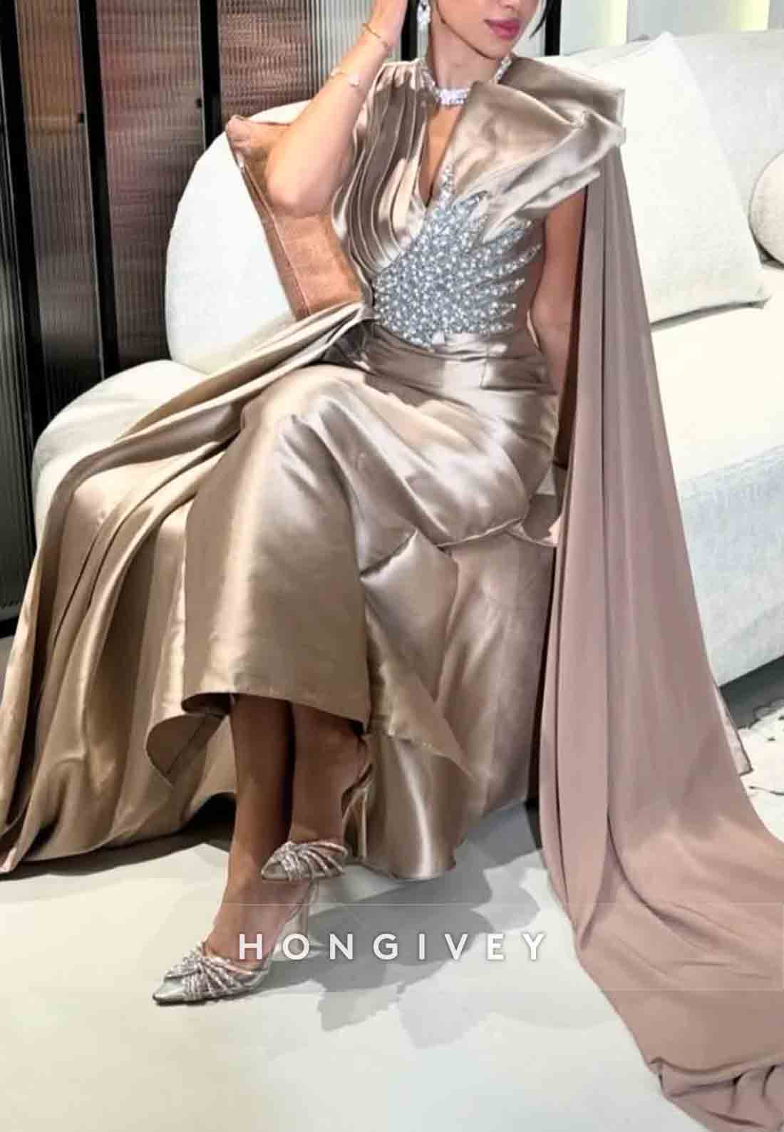 Pleated Satin Column Ankle-Length Cap Sleeves Ruffles Evening Gown