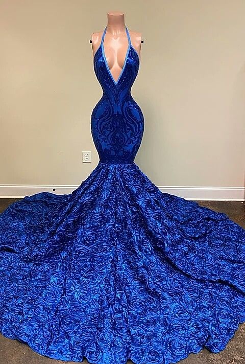 Halter Royal Blue Sleeveless Sequins Prom Dress Mermaid With Flowers Bottom