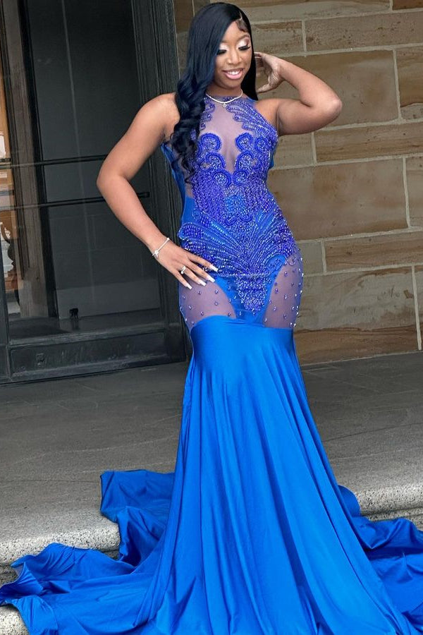 Royal Blue High Neck Sleeveless Mermaid Beades Long Prom Dress with Appliques