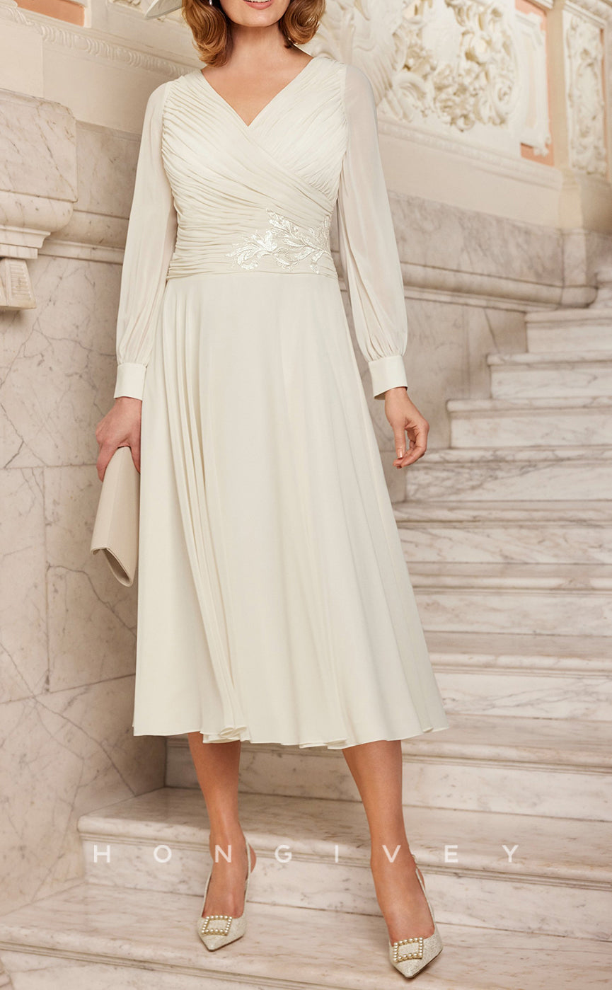 HM227 - A-Line V-Neck Long Sleeve Appliques Mother of the Bride Dress