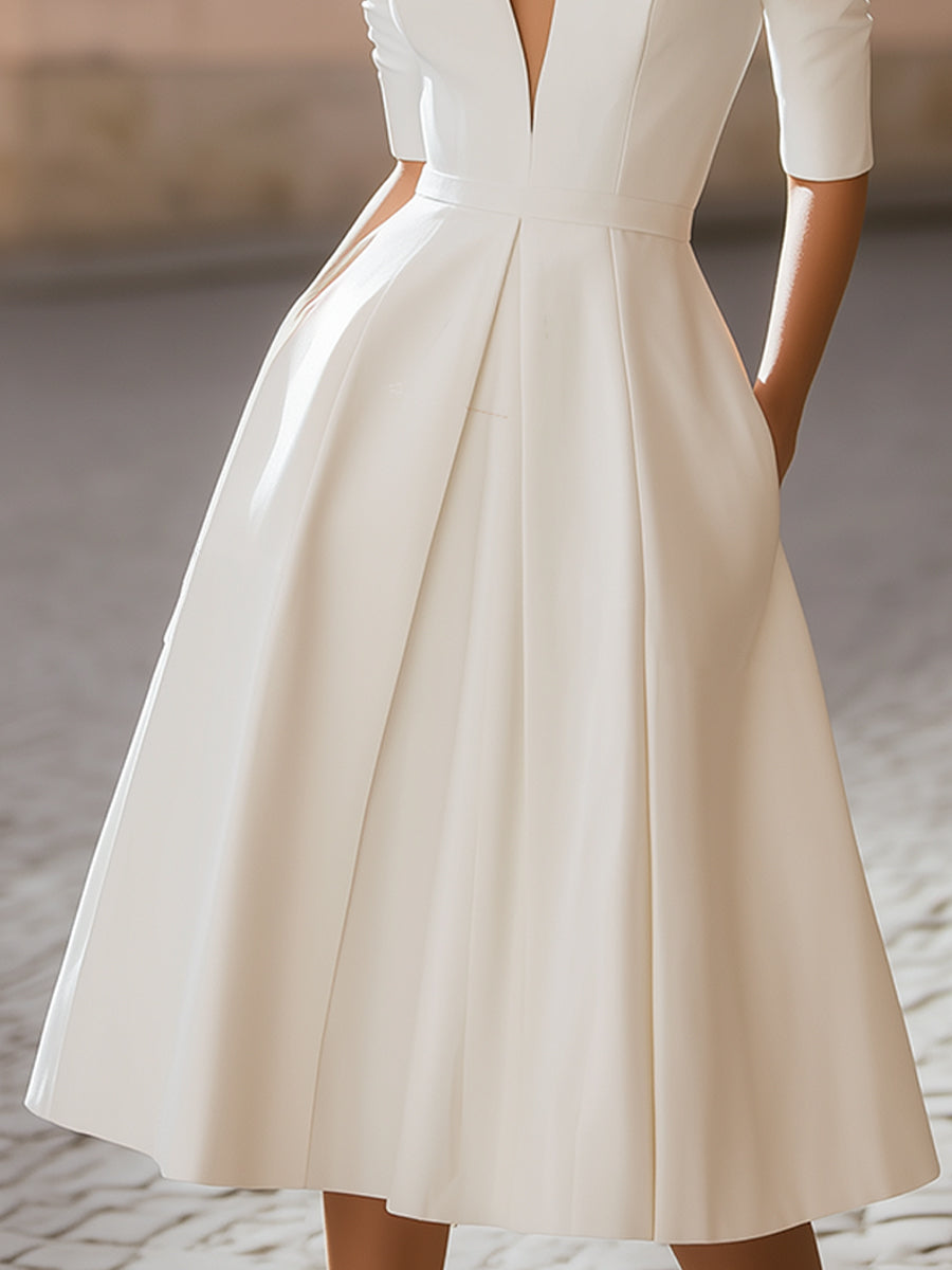 Elegant Deep V-Neck Pleated A-Line Midi Evening Dress