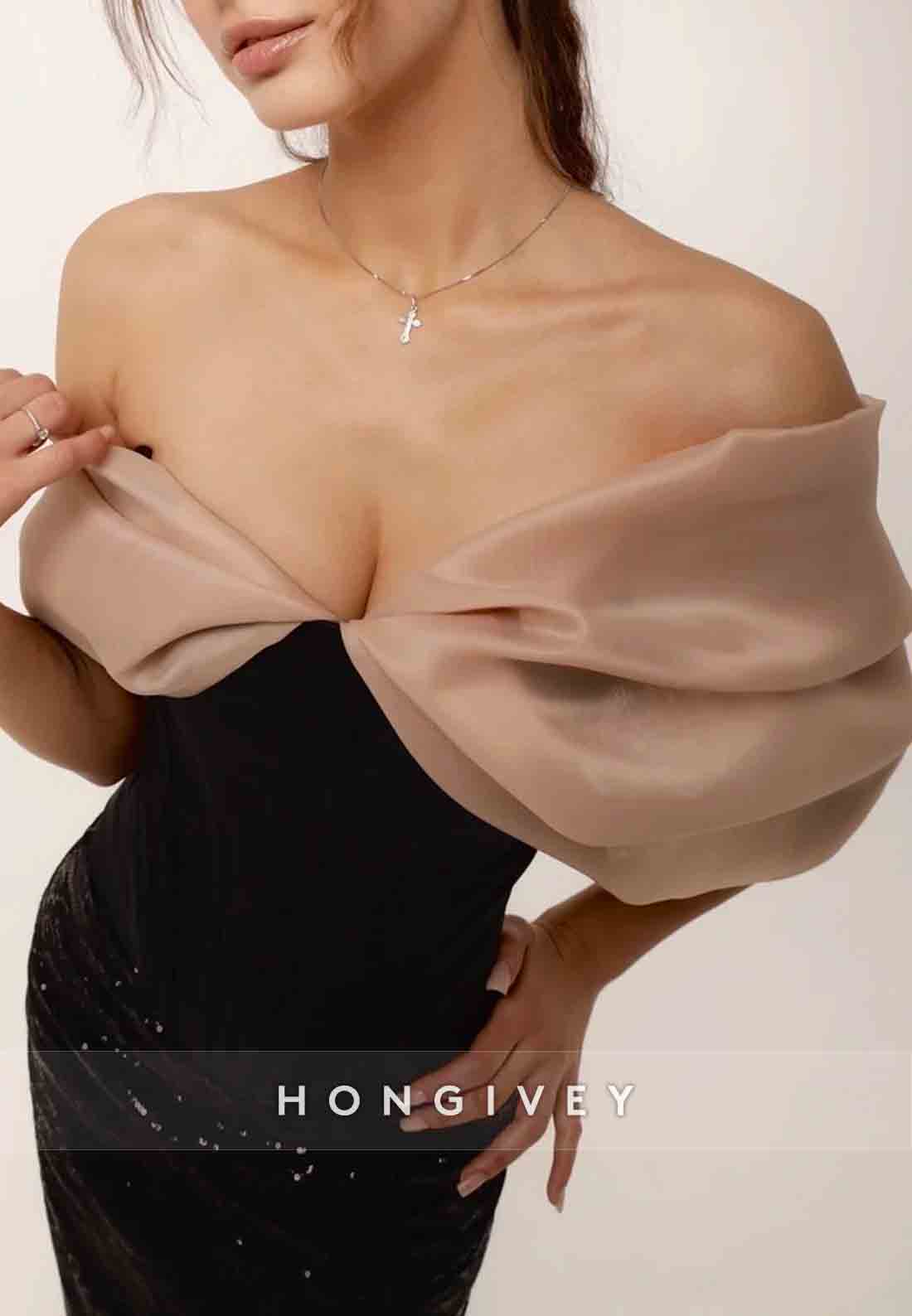 Off the Shoulder Floor-Length V Neck Sequined Sheath Pleated Evening Gown