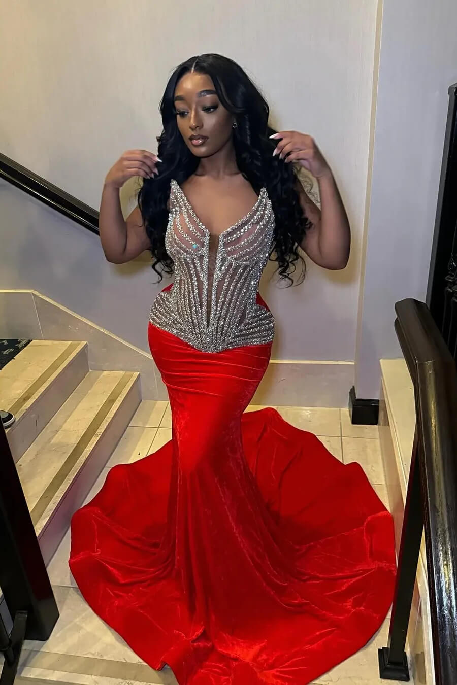 Modern Red V-Neck Sleeveless Prom Dress Mermaid Long With Beadings