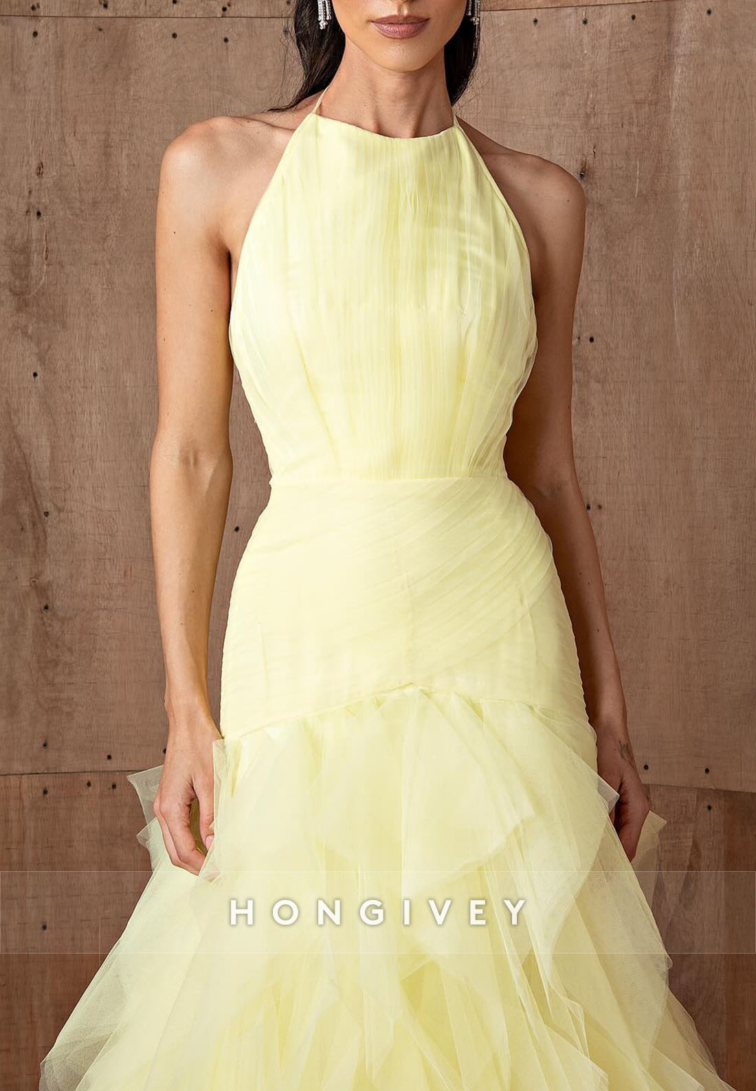 Sleeveless Yellow Ruched Floor-Length Low Back A-Line Evening Gowns